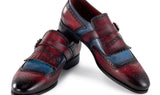 Paul Parkman Men's Kiltie Monkstrap Leather Shoes in Blue & Burgundy
