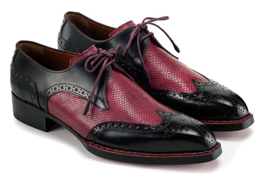 Paul Parkman Men's Hand-Welted Leather Wingtip Derby Shoes in Black & Red