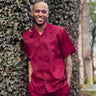 Montique Jet Set Classic in Burgundy Men’s Tonal Check Walking Suit in 6X-LARGE 60 PANTS #color_ 6X-LARGE 60 PANTS