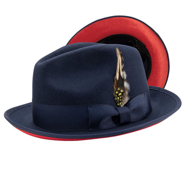 Montique Kingpin Red Bottom Wool Fedora in Navy Red