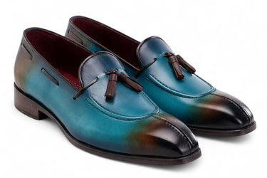 Paul Parkman Men's Split Toe Tassel Loafers Blue Patina Leather (ID#8135-BLU)