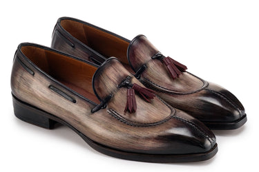 Paul Parkman Men's Split Toe Patina Leather Tassel Loafers in Brown