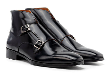Paul Parkman Double Monkstrap Polished Leather Ankle Boots in Black