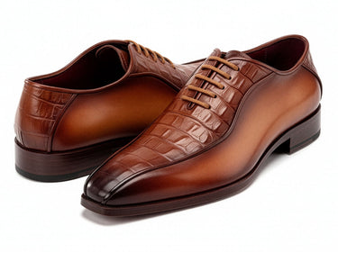 Paul Parkman Men's Camel Brown Croco Textured Leather Bicycle Toe Oxfords (ID#94-255) — view 2