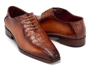 Paul Parkman Men's Camel Brown Croco Textured Leather Bicycle Toe Oxfords (ID#94-255) — view 5
