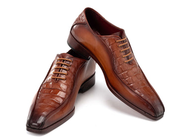 Paul Parkman Men's Camel Brown Croco Textured Leather Bicycle Toe Oxfords (ID#94-255) — view 6