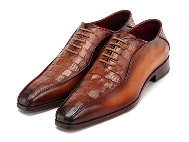 Paul Parkman Men's Camel Brown Croco Textured Leather Bicycle Toe Oxfords (ID#94-255) — view 7