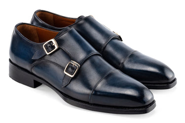 Paul Parkman Men's Goodyear Welted Double Monkstrap Shoes in Navy Blue in Navy Blue