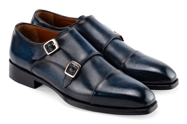 Paul Parkman Men's Goodyear Welted Double Monkstrap Shoes in Navy Blue in Navy Blue