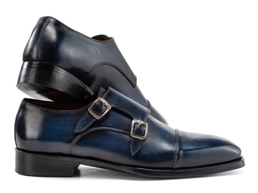 Paul Parkman Men's Goodyear Welted Double Monkstrap Shoes in Navy Blue