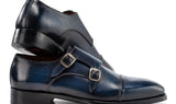 Paul Parkman Men's Goodyear Welted Double Monkstrap Shoes in Navy Blue