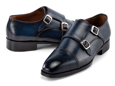Paul Parkman Men's Goodyear Welted Double Monkstrap Shoes in Navy Blue