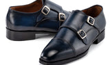 Paul Parkman Men's Goodyear Welted Double Monkstrap Shoes in Navy Blue