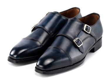 Paul Parkman Men's Goodyear Welted Double Monkstrap Shoes in Navy Blue