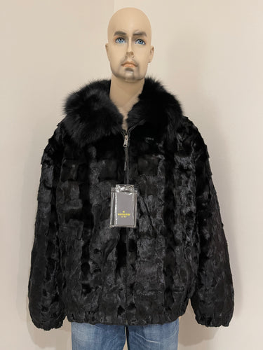 Calvere Furs Men's Diamond Mink Jacket with Fox Collar in Black