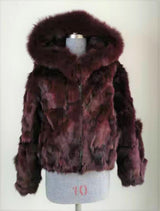 Calvere Furs Women's Fox Bomber Jacket with Hood in Burgundy