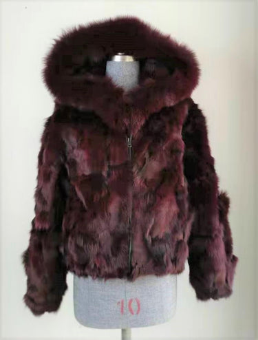 Calvere Furs Women's Fox Bomber Jacket with Hood in Burgundy