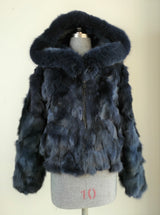 Calvere Furs Women's Fox Bomber Jacket with Hood in Navy