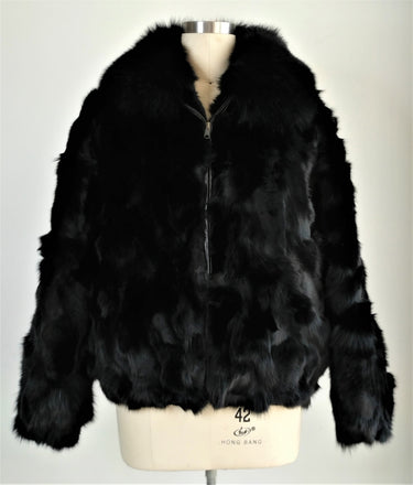 Calvere Furs Men's Fox Bomber Jacket with Full Skin Fox Collar in Black