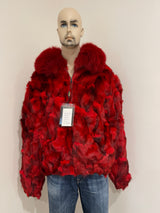Calvere Furs Men's Fox Bomber Jacket with Full Skin Fox Collar in Red