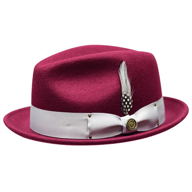 Bruno Capelo Blues Brothers Wool Pinch Front Trilby Hat in Burgundy Silver