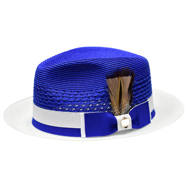 Bruno Capelo Belvedere 2-Tone Straw Fedora Hat Snap Brim in Royal White