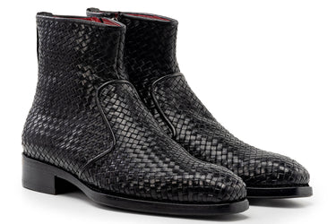 Paul Parkman Woven Leather Goodyear Welted Zipper Boots in Black
