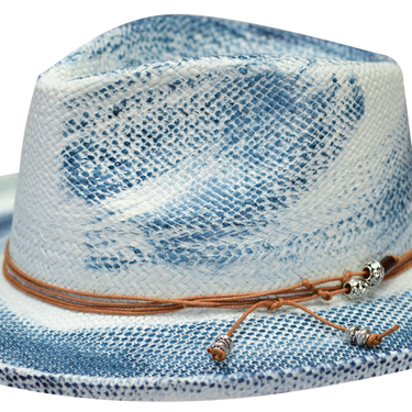 Bruno Capelo Bourbon Wide Brim Straw Fedora in Light Blue Denim Blue