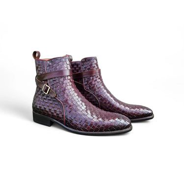 Basket Weave Calfskin Buckle Boot in Burgundy