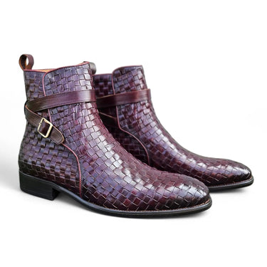 Basket Weave Calfskin Buckle Boot in Burgundy