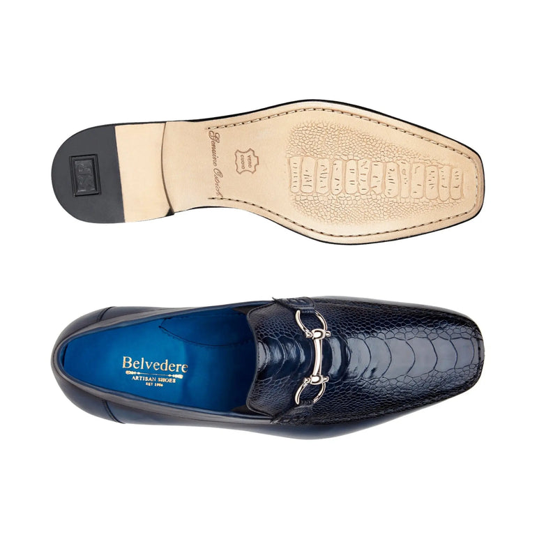 Belvedere Bruno Calfskin & Ostrich Leg Buckle Loafer – Navy