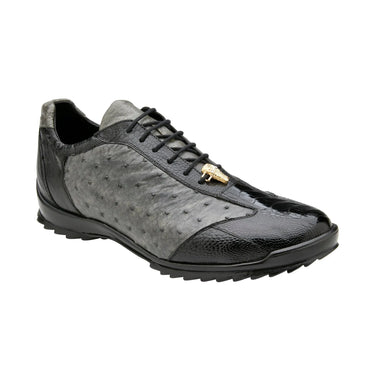 Belvedere Lando in Black / Grey Genuine Ostrich Leg & Italian Calf Sneakers in