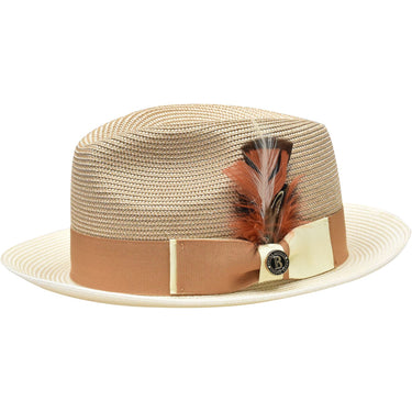 Bruno Capelo Bailey Two-Tone Straw Fedora in Cognac / Ivory #color_ Cognac / Ivory