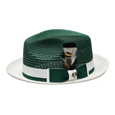 Bruno Capelo Belvedere 2-Tone Straw Fedora Hat Snap Brim in Emerald Green / White