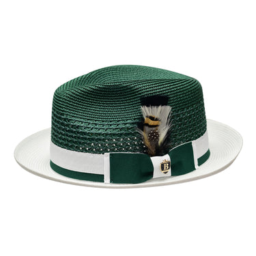 Bruno Capelo Belvedere 2-Tone Straw Fedora Hat Snap Brim in Emerald Green / White #color_ Emerald Green / White