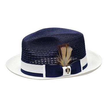 Bruno Capelo Belvedere 2-Tone Straw Fedora Hat Snap Brim in Navy Blue / White #color_ Navy Blue / White