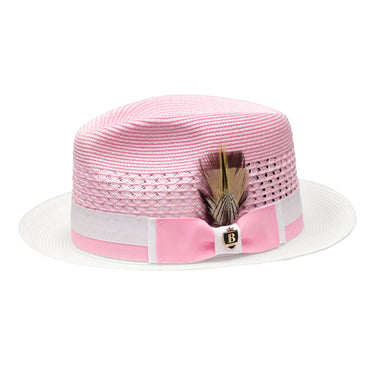 Bruno Capelo Belvedere 2-Tone Straw Fedora Hat Snap Brim in Light Pink / White