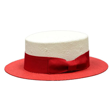 Bruno Capelo Boater Two-Tone Straw Flat Brim Skimmer in White / Red #color_ White / Red