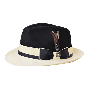 Bruno Capelo Caesar Pinch Front Wool Fedora in Black / Ivory #color_ Black / Ivory