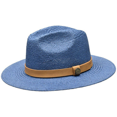 Bruno Capelo Cali Wide Brim Pinch Front Straw Fedora in Denim Blue / Brown