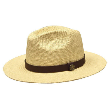 Bruno Capelo Cali Wide Brim Pinch Front Straw Fedora in Natural / Dark Brown