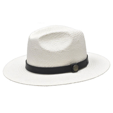 Bruno Capelo Cali Wide Brim Pinch Front Straw Fedora in White / Black