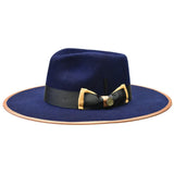 Bruno Capelo Cleveland Wide Brim Wool Fedora in Navy / Cognac