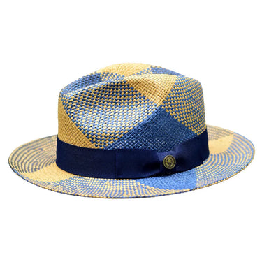 Bruno Capelo Cuban Hand-Dyed Straw Fedora in Navy / Cognac / Ivory #color_ Navy / Cognac / Ivory