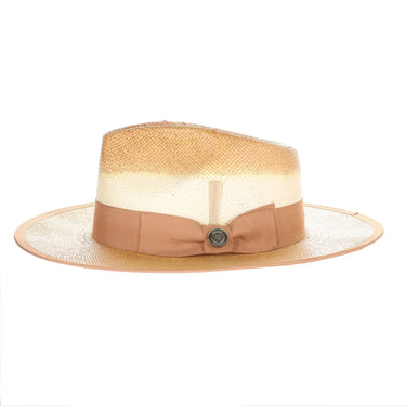 Bruno Capelo Gian Pinch Front Wide Brim Straw Fedora in Ivory / Cognac #color_ Ivory / Cognac