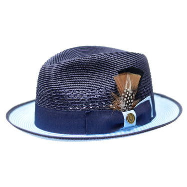 Bruno Capelo Havana Pinch Front Straw Fedora in Navy Light Blue