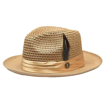 Bruno Capelo Julian Pinch Front Straw Fedora in Camel #color_ Camel