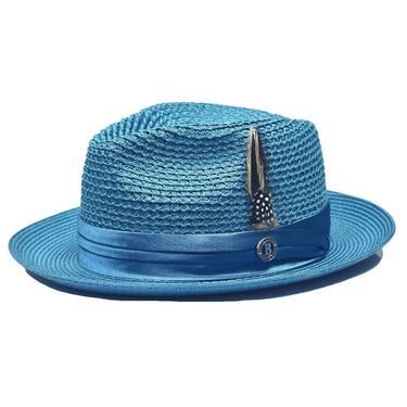 Bruno Capelo Julian Pinch Front Straw Fedora in Teal Blue #color_ Teal Blue