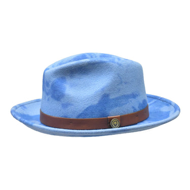 Bruno Capelo Kayden Hand-dyed Wool Pinch Front Fedora in Blue Camo #color_ Blue Camo