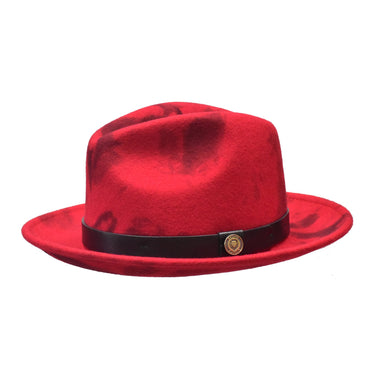 Bruno Capelo Kayden Hand-dyed Wool Pinch Front Fedora in Red Camo #color_ Red Camo